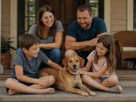 Family sitting on a porch with a medium-sized tan dog lying between two children