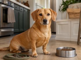 Tan Dachshund Lab mix sitting in a kitchen beside a food bowl and a coiled leash