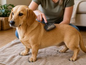 A yellow Dachshund Lab mix being brushed on a towel, loose hair visible on the brush