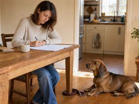 Person filling out paperwork at a kitchen table while a brown dog waits beside a leash