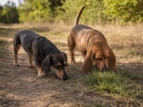 Two low-slung dogs sniffing a grassy trail together, one with long Basset-style ears
