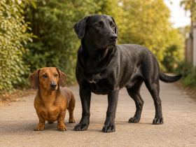 Smooth red Dachshund standing beside a larger black Dachshund Lab mix on a sidewalk