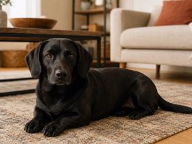 Short-legged black dog with a Labrador-like head resting on a living room rug